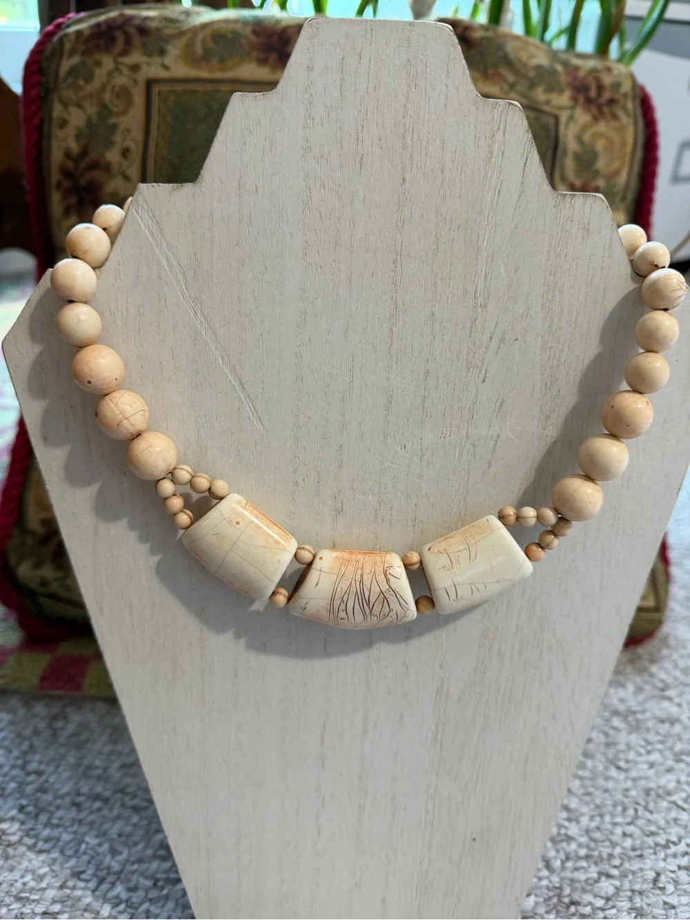 Vintage Carved Statement Necklace Chunky Beaded Natural